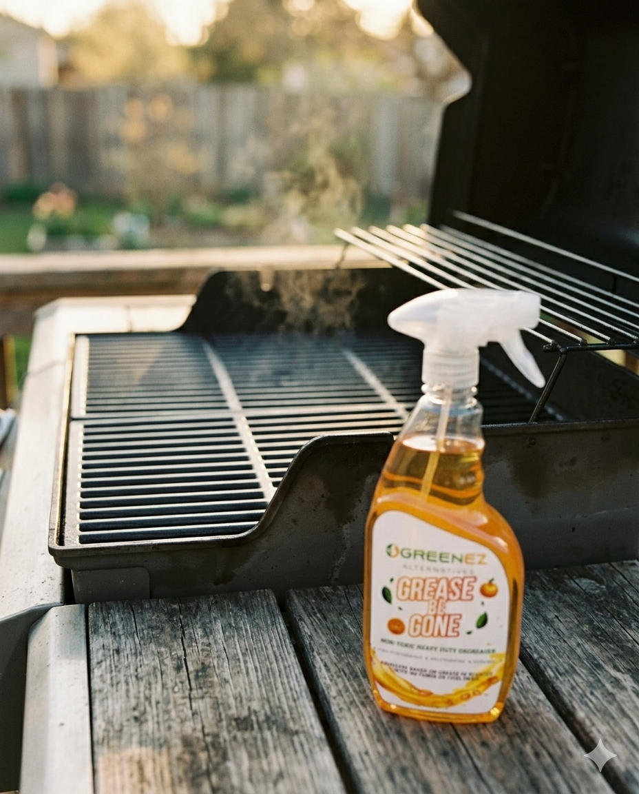 GreenEZ Grease Be Gone citrus degreaser cutting through baked-on grease on a grill grate