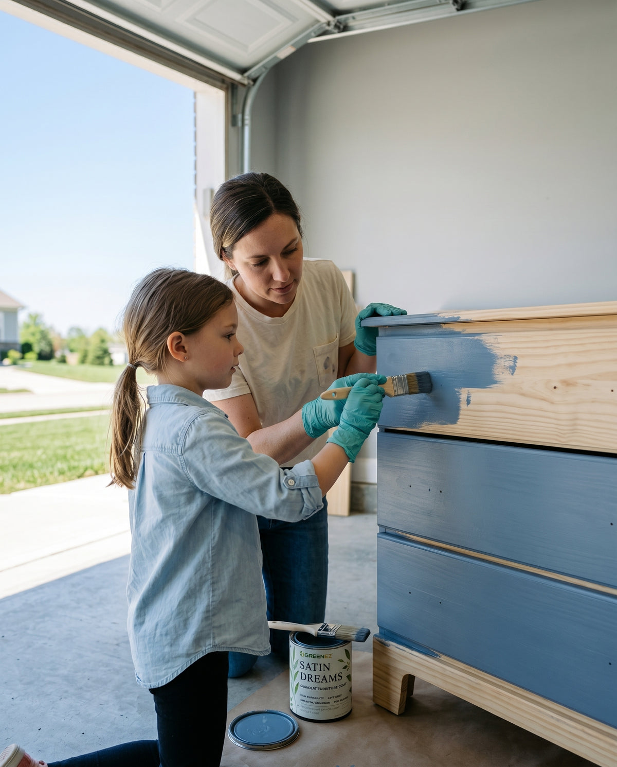 A mother and her young daughter, both wearing teal nitrile gloves, painting a wooden chest in GreenEZ Satin Dreams paint in a home workshop