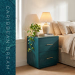 Nightstand finished in Evolve Caribbean Dream teal soy wood stain beside a linen bed