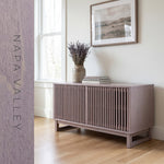 Slatted media console finished in Evolve Napa Valley mauve soy wood stain