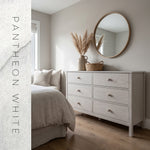 Six drawer dresser finished in Evolve Pantheon White soy wood stain in a coastal bedroom